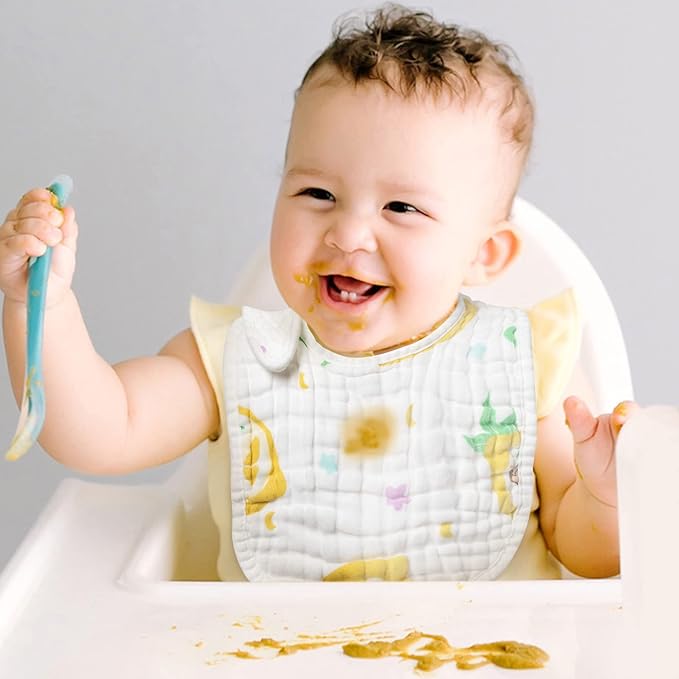 Zainpe 6Pcs Snap Muslin Cotton Baby Bibs Strawberry Lemon Avocado Pattern Infants Feeding Bib Adjustable Machine Washable Unisex Burp Cloths with 6 Absorbent & Soft Layers for Drooling and Teething