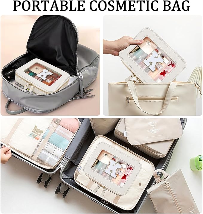 Initial Travel Toiletry Bag - Cosmetic Bags for Girls with Zipper, Clear & Potable Makeup Bag for Travel, Cosmetic Pouch Perfect Gifts for Graduation (Beige, K)