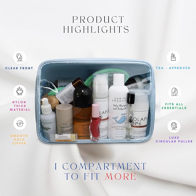 Large Clear Makeup Bag TSA-Approved Travel Cosmetic Pouch Spacious Transparent Toiletry Bag for Women and Girls Waterproof Clear Organizer Case Light Blue