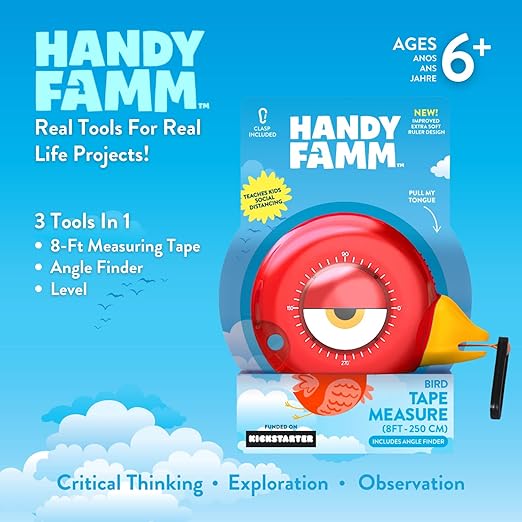 Handy Famm 8ft Red Bird Tape Measure for Kids – STEM Educational Tool with Level, Protractor, Retractable Design - DIY Construction Toy, Child-Safe Measuring Tapes, Gift for Boys & Girls 3+