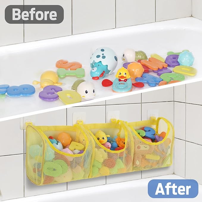 Goowin Bath Toy Storage, Bath Toy Holder, 3 Compartment Large Openings Bath Toy Organizer, Large Capacity Bath Tub Toy Holder, Kids Bathtub Toy Storage For Accessing & Sorting Toys (Yellow, Regular)