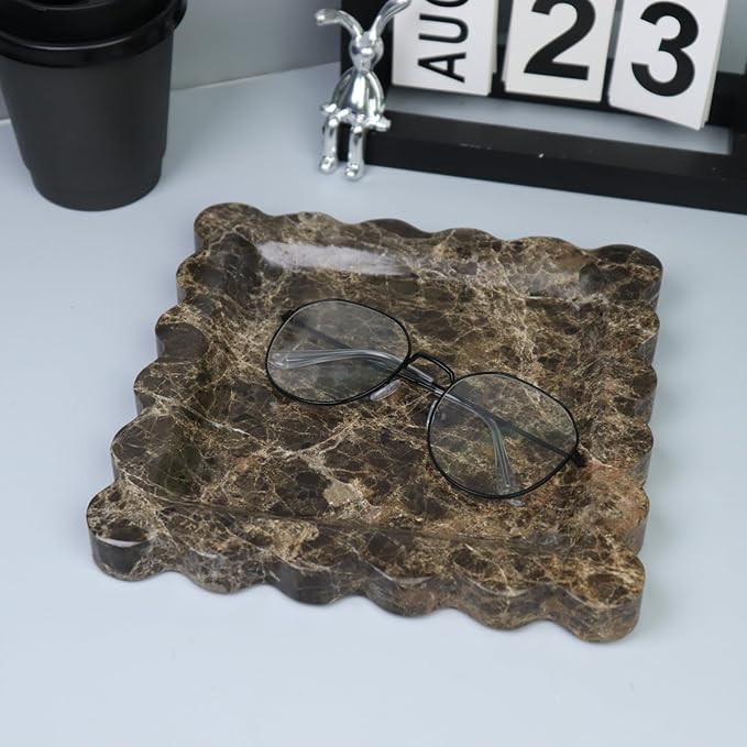 Square Marble Decorative Tray with Scalloped Edge, Luxury Natural Stone Bathroom Vanity Tray, Dresser Top Perfume Coffee Home Kitchen Sink Tray, Key Trinket Ring