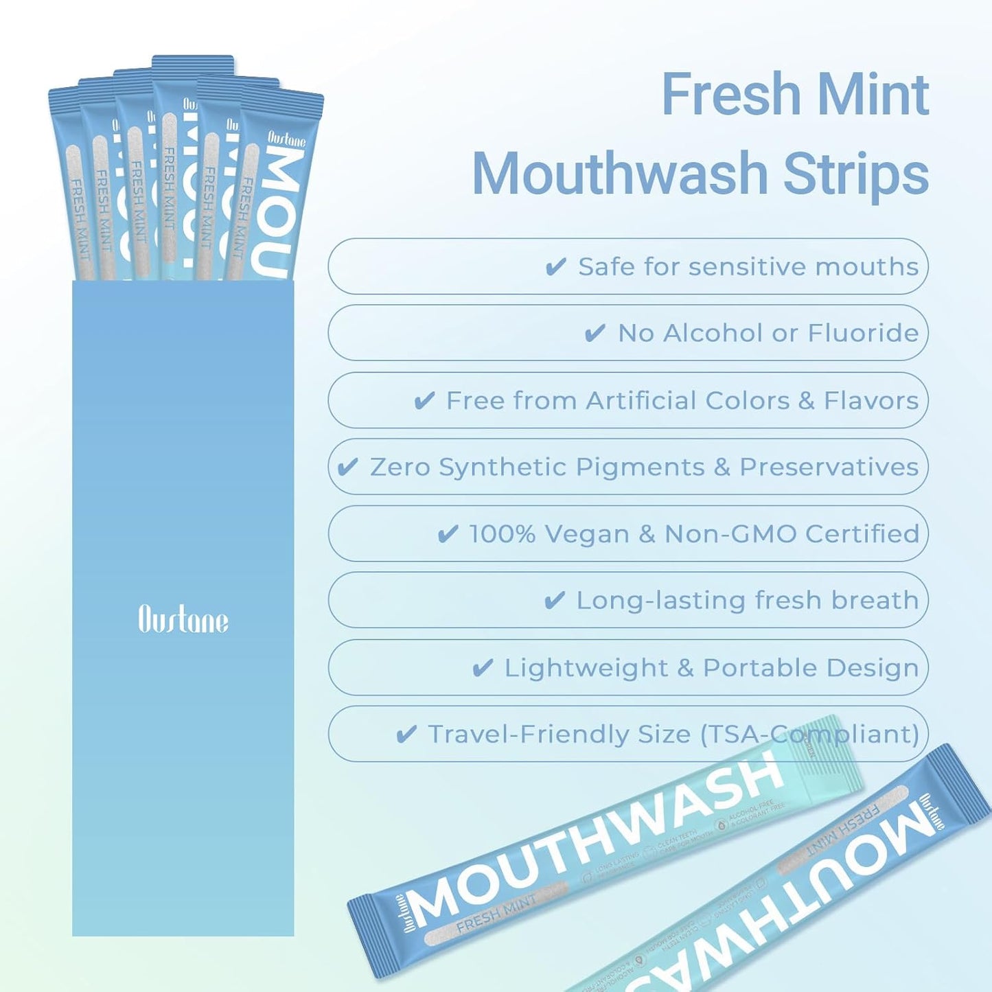 Travel Size Fresh Mint Mouthwash, Alcohol-Free, 15ml Portable Packets, Long-Lasting Freshness (20)