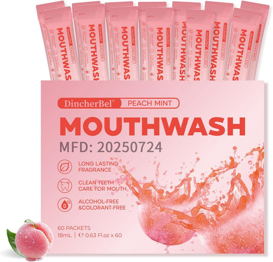 Travel-Size Alcohol & Fluoride Free Peach Mint Mouthwash Packets, 60 Individually Wrapped Portable Packs for Adults, Fresh Breath Peach Mint Flavored Mouthwash for Oral Hygiene, 0.63 Fl Oz Each