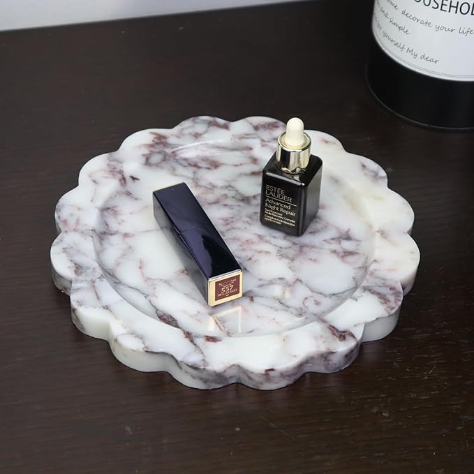 Round Marble Decorative Tray with Scalloped Edge, Luxury Natural Stone Bathroom Vanity Tray, Dresser Top Perfume Coffee Home Kitchen Sink Tray, Key Trinket Ring