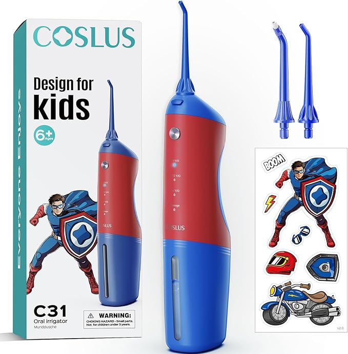 COSLUS Kids Water Dental Flosser Deep Cleaning Picks Portable 4 Modes for Ages 6+ Safe Waterproof Rechargeable with 2 Jet Tips for Gums Care Red Blue