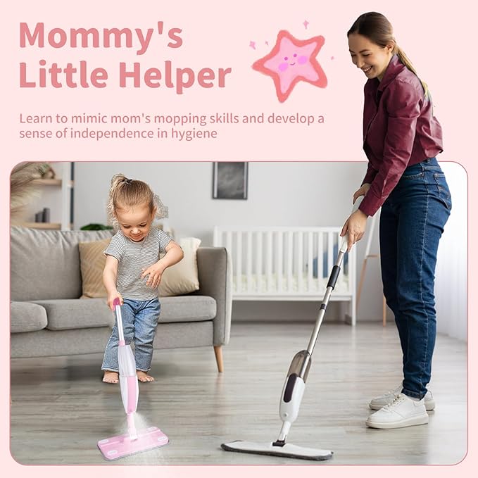 Kids Spray Mop,Fun & Functional Toddler Cleaning Set,Real Working Mop for Floors,Pretend Play – Includes Spray Bottle, 2 Washable Microfiber Pads, Montessori Kids Cleaning Toy Set -Pink