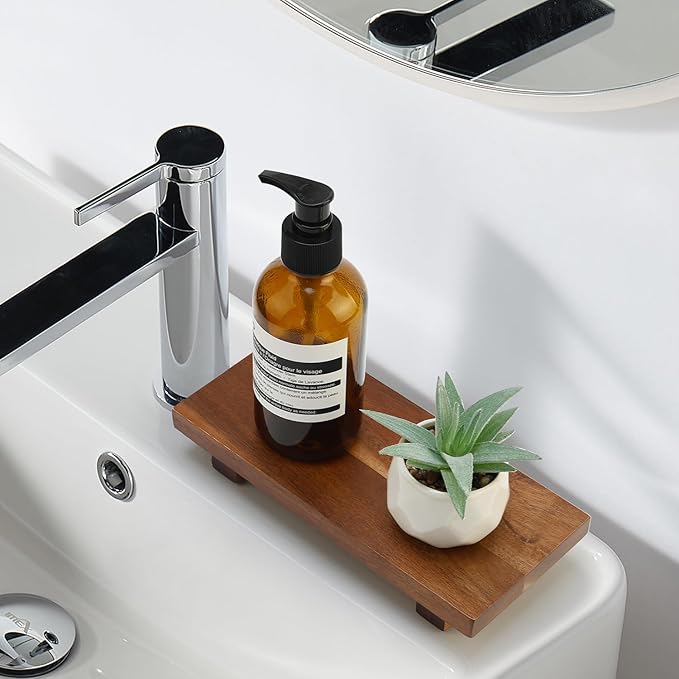 Acacia Wood Riser Pedestal Stand Farmhouse Small Bathroom Vanity Tray Rustic Wooden Hand Soap Dish Dispenser Holder for Kitchen Sink Counter Decorative Tray Modern Bathroom Decor Organizer Accessories