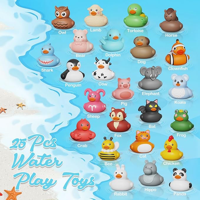 25PCS Rubber Ducks,Toddler Bath Toys,No Hole Bathtub Toys,Baby Pool Toys for 18 Months and Older
