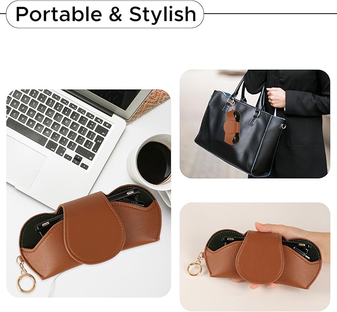 KINIVA Sunglasses Holder for Car Visor with Hanging Hook Portable Leather Glasses Storage Bag with Detachable Clips