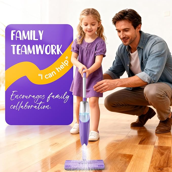 Purple Mini Spray Mop for Toddler-Montessori Cleaning Toy That Real Spray Water,Pretend Playhouse Essentials for Girls Ages 3-8,Toddler Educational Housekeeping Set