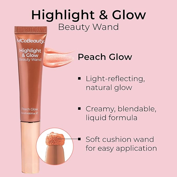 MCoBeauty - Highlight and Glow Beauty Wand - Buildable Liquid Highlighter - Peach Coral Shade - Liquid Cream with Cushion Applicator for Soft, Radiant Finish - Highlighters Makeup