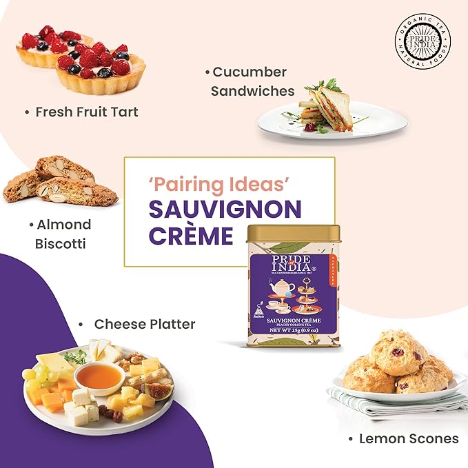 Pride of India | PACK of 6 - Sauvignon Crème Peachy Oolong Tea | 15 Pyramid Full Leaf Individually Wrapped Tea Bags | Fruity, Creamy & Citrusy Taste | Refreshing & Relaxing Experience | Caffeine