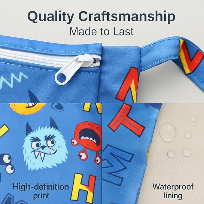 Waterproof Wet Dry Bag, Reusable Diaper Pouch with Zipper, Machine Washable Travel Organizer for Beach, Daycare, Kids, Dinosaur Pattern (Blue Monster)