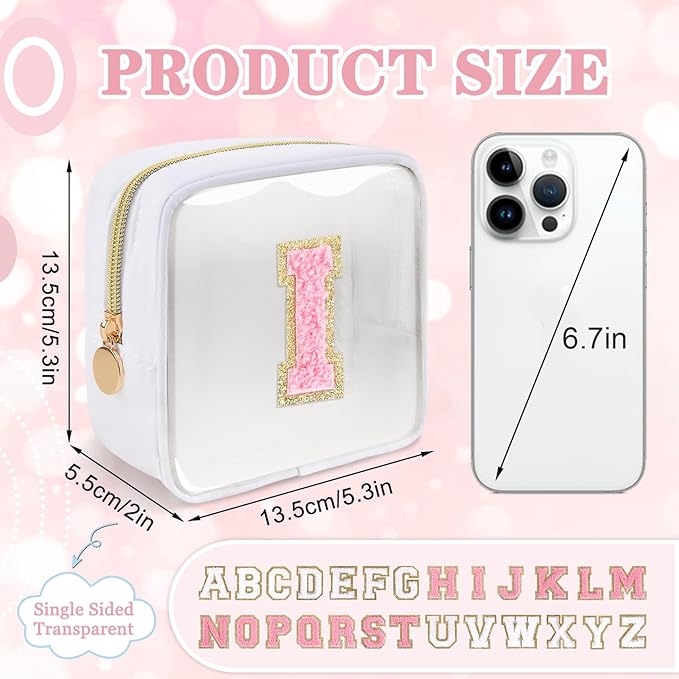 Mini Clear Personalized Initial Makeup Bag,Nylon Preppy A-Z Chenille Letter Patch Zipper Cosmetic Bag, Small Cute Beach Pouch Travel Purse Sanitary Napkin Storage Bag for Women Girls(White-Pink I)