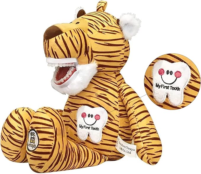 Tooth Fairy Puppet, Puppet Oral Health Presentation Puppet Striped Tiger Tooth Fairy Dental Educational Plush Small Size Doll with Teeth for Kids Chidren Boys Girls
