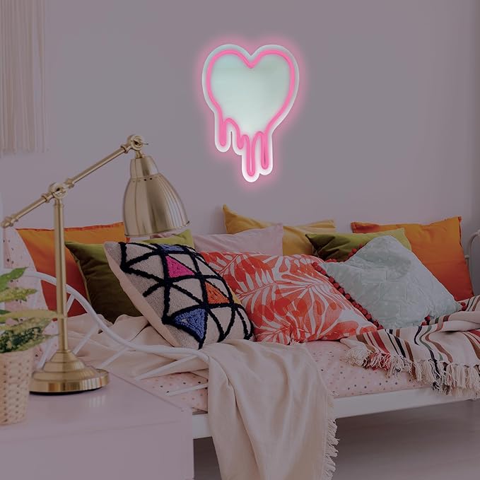 Pink Heart LED Light with Melting Design, Mirror Neon Sign for Bedroom Wall Decor, Light Pink Heart Wall Mirror, 12”x11” Neon Sign for Girls Room