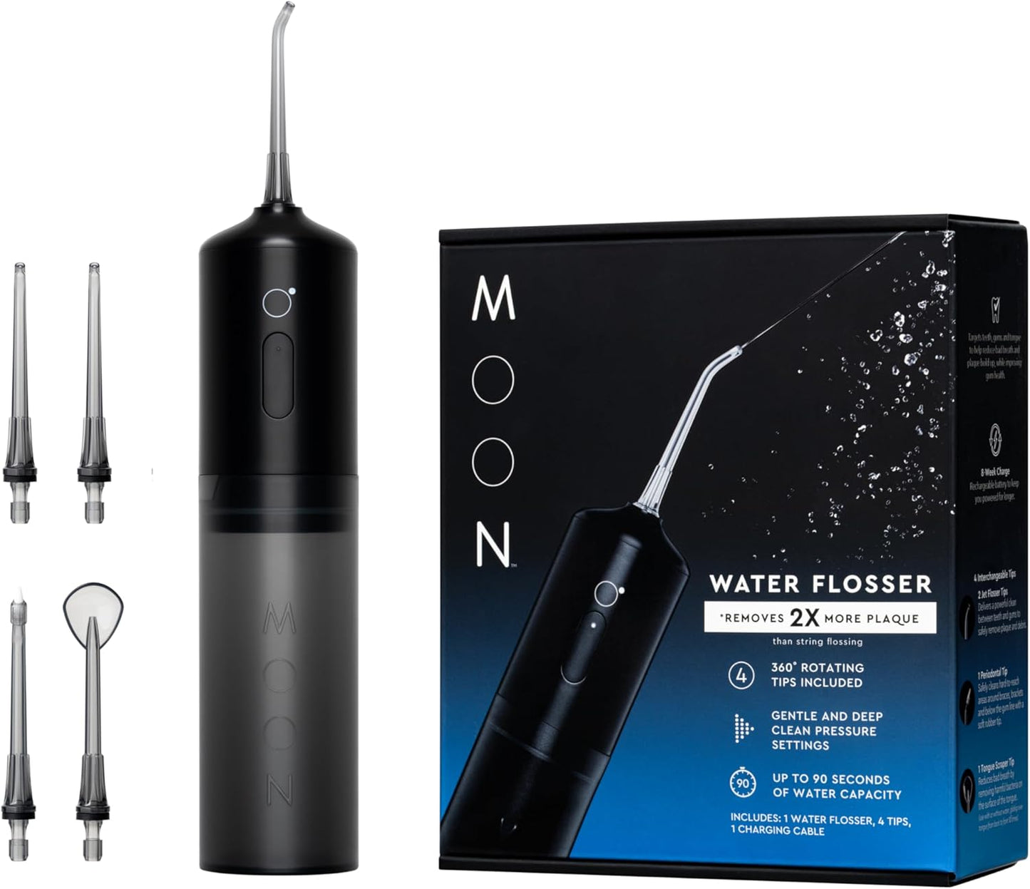 Moon Cordless Water Flosser for Teeth Cleaning, Plaque Removal & Gum Health - Water Pick with Gentle or Deep Clean Mode, 4 Interchangeable Tips & 8 Week Charge - Safe for Braces (1 Count)