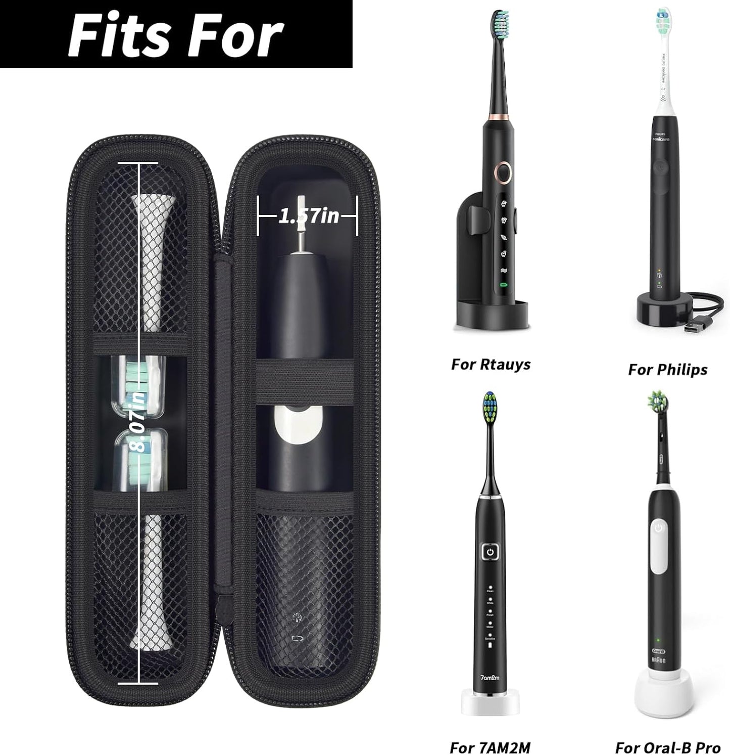 Toothbrush Travel Hard Case Compatible with Oral-B Pro 1000, 2000, 3000, 3500, 1500/ for Philips Sonicare ProtectiveClean 4100 5100 Electric Toothbrush with Mesh Pocket&Carabiner - Black (Bag Only)