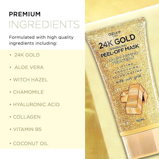 AZURE Sparkling Peel-Off Masks Bundle - Rose Gold Hydrating Peel-Off Mask - 24K Gold Firming Peel-Off Mask - Charcoal & Pearl Anti-Aging Skincare - 150 ml / 5.07 fl.oz