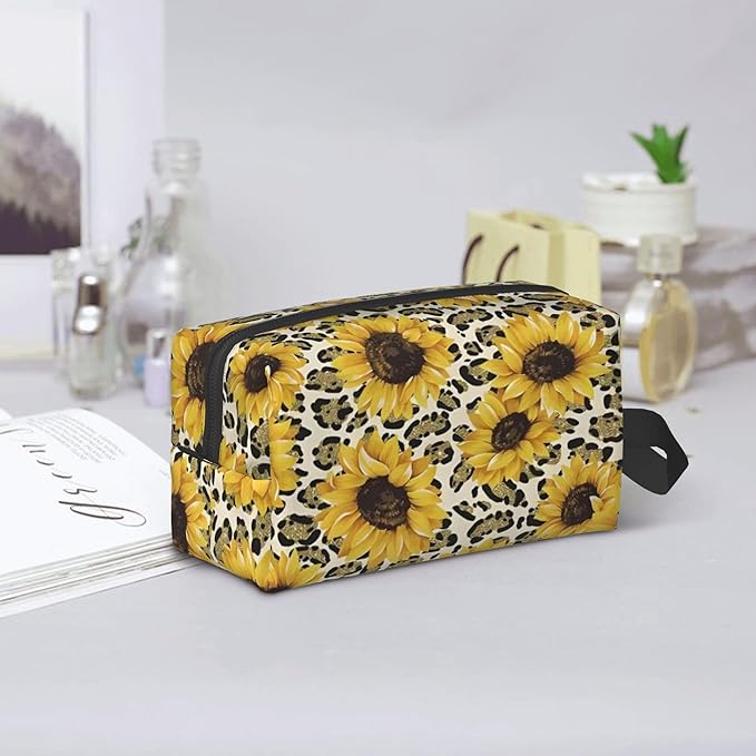 Sunflower Leopard Toiletry Bag for Women Men Portable Travel Wash Bag Waterproof Gym Shaving Toiletries Cosmetic Organizer Bag, Shower Bathroom Toiletries Accessories Makeup Bag with Handle