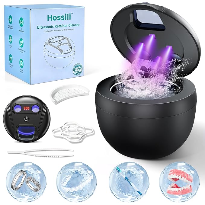Ultrasonic Retainer Cleaner, 45kHz Retainer Cleaner Machine for Denture Cleaning Pod for Mouth Guards|Aligners|Braces|Toothbrush Heads|Jewelry, 200ML Dental Cleaning Pod with 4 Modes & Digital Timer