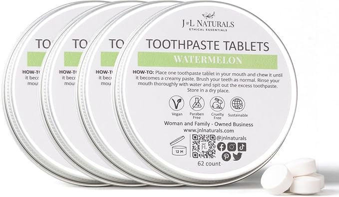 J&L Naturals Toothpaste Tablets | 62-Pack Travel-Friendly Toothpaste | Fluoride + Plastic Free, Vegan, Cruelty Free, Sustainable | Woman-Owned Small Business (Watermelon, 62 Count (Pack of 4))