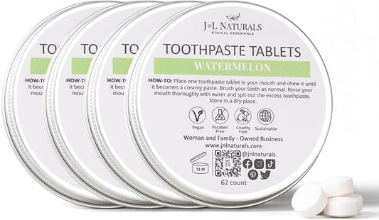 J&L Naturals Toothpaste Tablets | 62-Pack Travel-Friendly Toothpaste | Fluoride + Plastic Free, Vegan, Cruelty Free, Sustainable | Woman-Owned Small Business (Watermelon, 62 Count (Pack of 4))