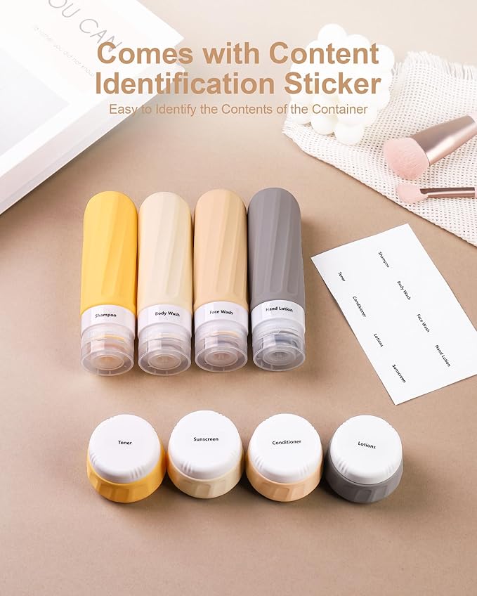 Travel Size Toiletries 8 Pack, TSA Approved 3oz/1oz Silicone Squeezable Creams Jars with Clear Travel Bag