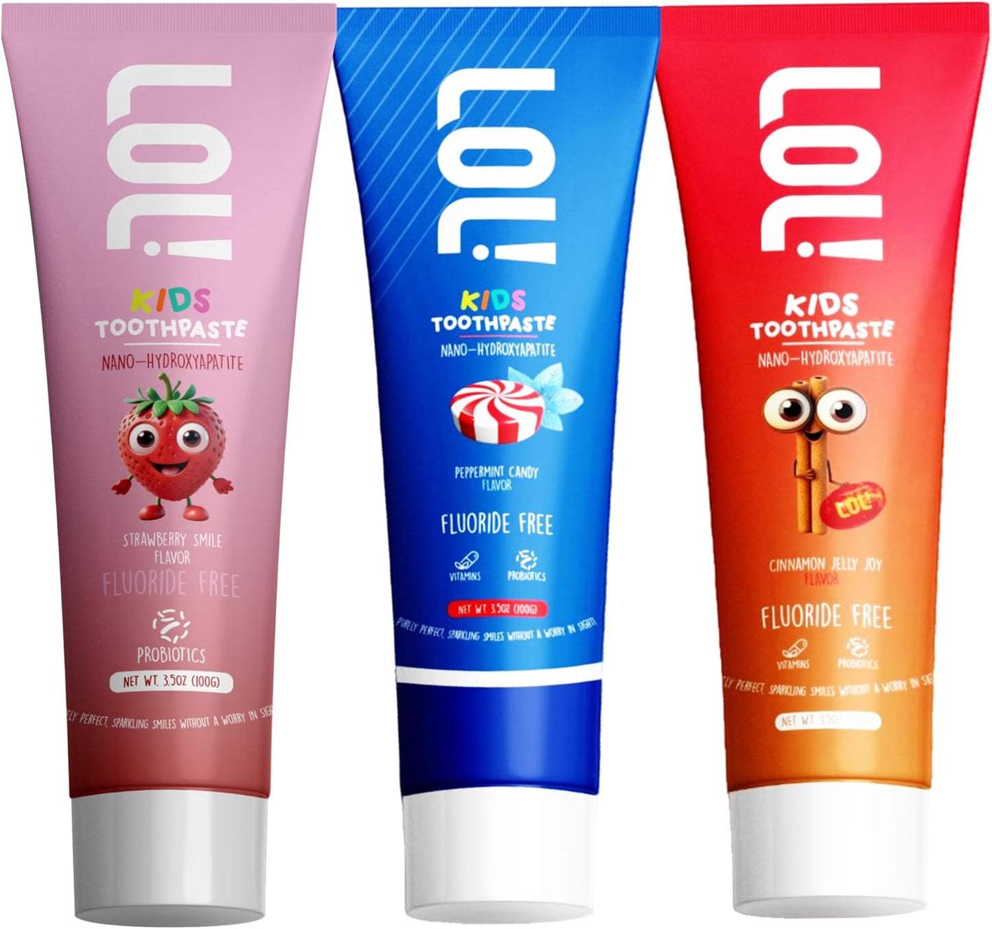 LOL Kids Toothpaste 3-Flavor Pack | Nano Hydroxyapatite Toothpaste, Probiotics, Vitamins A, C, E | Safe if Swallowed, No SLS | 1 Peppermint, 1 Strawberry & 1 Cinnamon