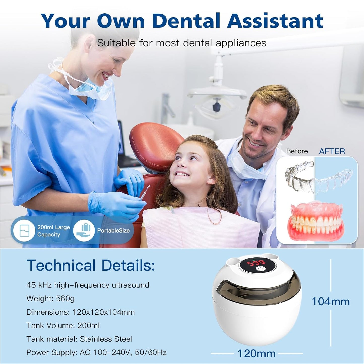 45kHz Ultrasonic Retainer Cleaner Machine, 200ML Denture Cleaner, 4 Modes with Digital Timer Mouth Guard Cleaner for Aligner, Night guard, Braces, Toothbrush, Jewelry and More (White)