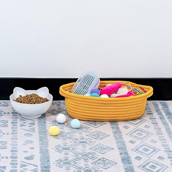 CubesLand Small Cotton Rope Storage Basket Set 5, Shelves Baskets for Organizing with Handle, Decorative Closet Storage Bins for Countertop Toilet Paper Basket for Toilet Tank Top,Yellow Basket