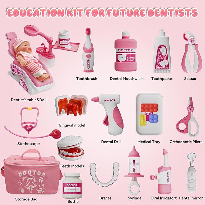 Toy Doctor Kit for Toddlers, Kids Dentist Play Set with Dentist Chair, Doll Toy, Stethoscope, Large Carrying Storage Bag, Dental Accessories, Pretend Doctor Play Medical Gift Kit for Girls(Pink