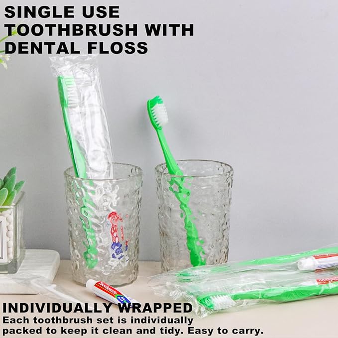 Disposable Toothbrushes with Toothpaste and Floss,30Pcs Green Single Use Individually Wrapped Disposable Travel Toothbrushes and Dental Floss Kit Bulk for Homeless,Airbnb,Hotel,Dentist