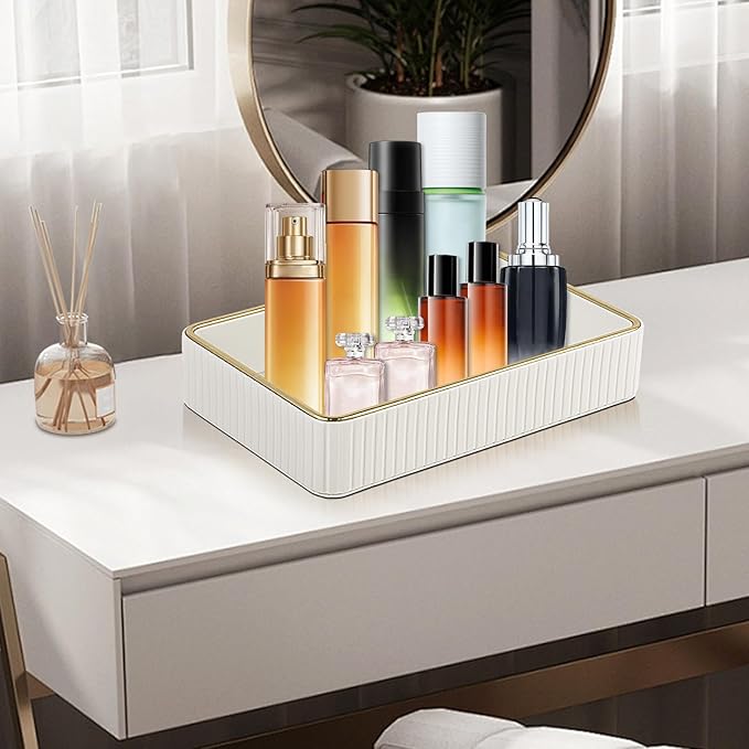 PU Leather Valet Tray,Desk Organizer Tray Nightstand Organizer Trinket Dish Storage Key Bowl Decorative Trays for Phone Wallet Jewelry Watch,Bathroom Bedroom Perfume Vanity Trays,Cream White