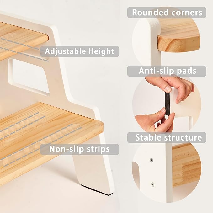 Toddler Step Stool for Kids - Height Adjustable Non-Slip Wooden Step Stool for Bathroom Sink, Kitchen & Potty Training 2-Step - White