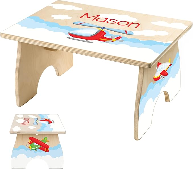 Airplane Step Stool for Toddlers- Personalized Wood Kids Step Stool with Name for Kitchen Sink, Bathroom, Potty Training, Toilet, Kitchen Sink- Sturdy and Safe- Made in USA by BloomOwl (Airplane)