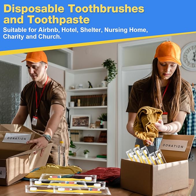 Disposable Toothbrushes with Toothpaste 100 Pack, Travel Size Toothbrush and Toothpaste Set, Bulk Tooth Brush Tooth Paste Kit, Individually Wrapped Travel Toiletries for Homeless, Hotel