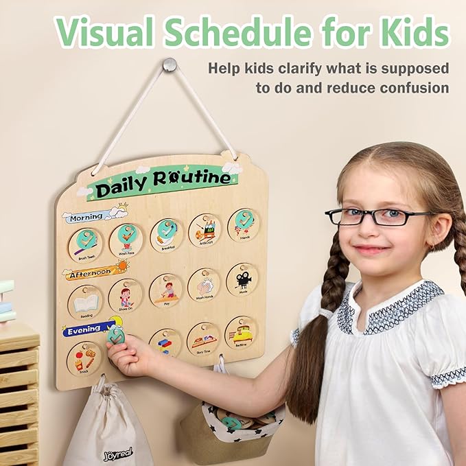 Wooden Visual Schedule for Kids 3-6 Year Old - Three Rows Hanging Daily Schedule Chart for Home & Classroom - Morning Bedtime Routine Chart Chore Reward Chart for Toddlers - Autism Learning Materials
