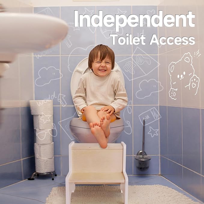 WOOD CITY Kids Step Stool for Toddler, Wooden White-Natural Patchwork Two Step Children's Stools with Handles, Bonus Non-Slip Pads for Safety, Bathroom Potty Stool & Kitchen Step Stools Dual Height