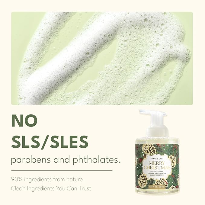 ROMIIE ZOI Christmas Foaming Hand Soap with Gift Box- Merry Christmas Design, Infused with Fresh Balsam Fir Scent -Holiday Bathroom Soap for Winter Decoration and Gifting – 500ml / 16.8oz