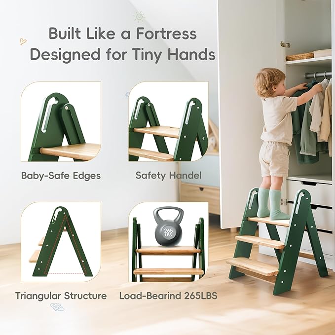 Step Stool for Toddler, 3-Step Kids Step Stool for Bathroom Sink, Foldable Toilet Potty Training Stool with Handles, Child Kitchen Counter Stool Helper Wooden Ladder for Toddlers (Green)