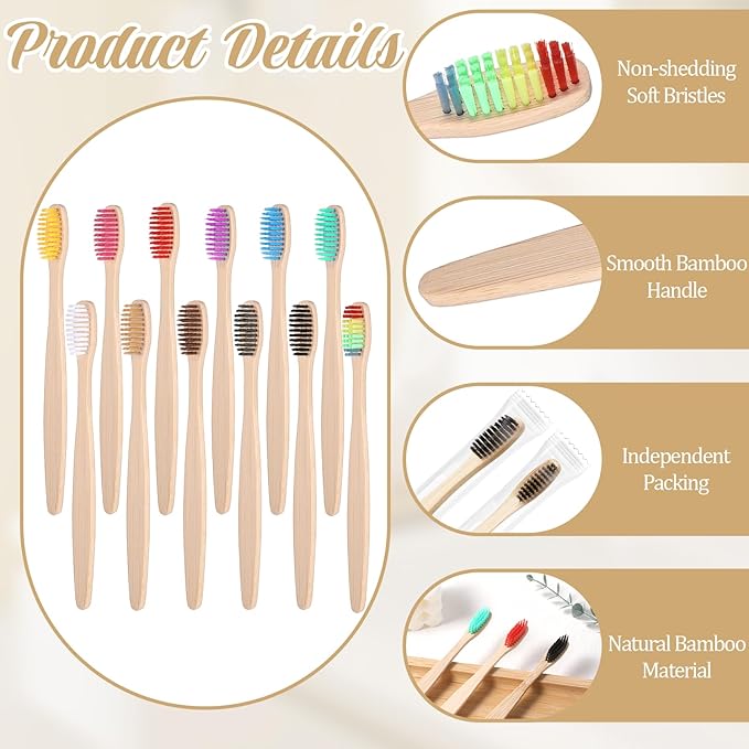 120PCS Bamboo Toothbrushes, Prepasted Disposable Toothbrush, Bulk Soft Bristle Toothbrushes for AdultsTravel Family Hotel Use and Homeless Gift, Individually Wrapped, 12 Color