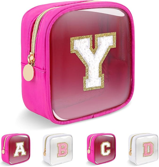 Personalized Initial Letter Clear Preppy Makeup Bag,Mini Nylon Chenille Letter Cosmetic Bag Cute Zipper Pouch Coin Purse for Teen Girls,Portable TSA Approved Travel Essentials Bag Gift for Women,Y