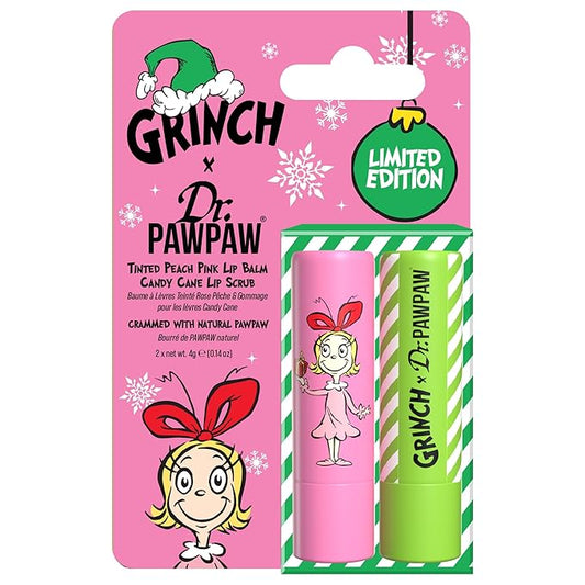 Dr. PawPaw The Grinch Set - Candy Cane and Peach Pink - Lip Scrub and Natural Lip Balm - Gluten Free Care to Exfoliate, Moisturize, Nourish - 2 pc