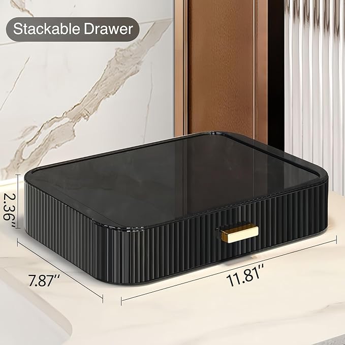 2 Pack Stackable Makeup Organizer with Drawers, Bathroom Storage for Eyeshadow Palettes, Cosmetics, and Beauty Supplies. Ideal for Vanity Counter, Cabinet, Entryway Table, Desk