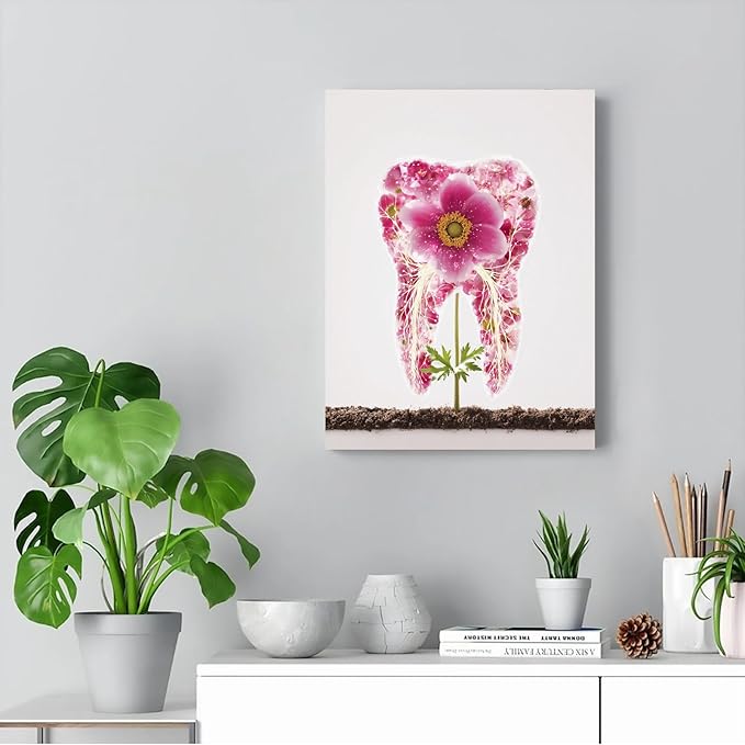 SchindlerBang Dentist Office Wall Art,Anemone Flower Tooth Canvas,Luxury Clinic Decor,Elegant Medical Display,16x20inch Framed Painting Ready to Hang