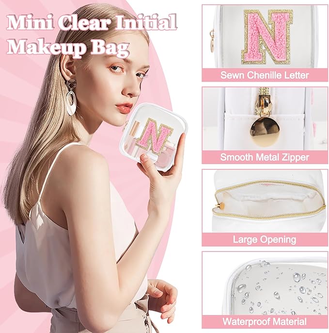 Mini Clear Personalized Initial Makeup Bag,Nylon Preppy A-Z Chenille Letter Patch Zipper Cosmetic Bag, Small Cute Beach Pouch Travel Purse Sanitary Napkin Storage Bag for Women Girls(White-Pink N)