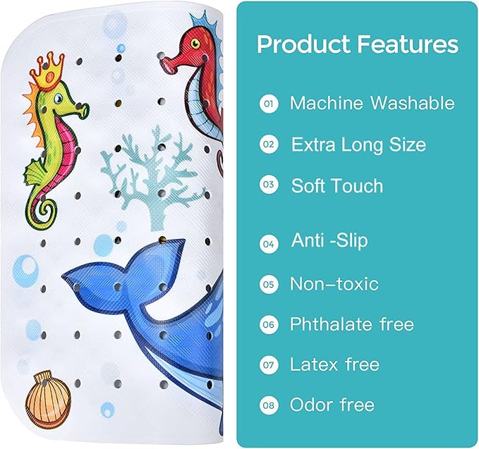 Baby Bath Mat for Tub Kids Non Slip Bathtub Mats Baby Extra Long 40X16 Inch Bathroom Toddler Anti Slip Shower Mat with Suction Cups & Drain Holes,Machine Washable,Whale
