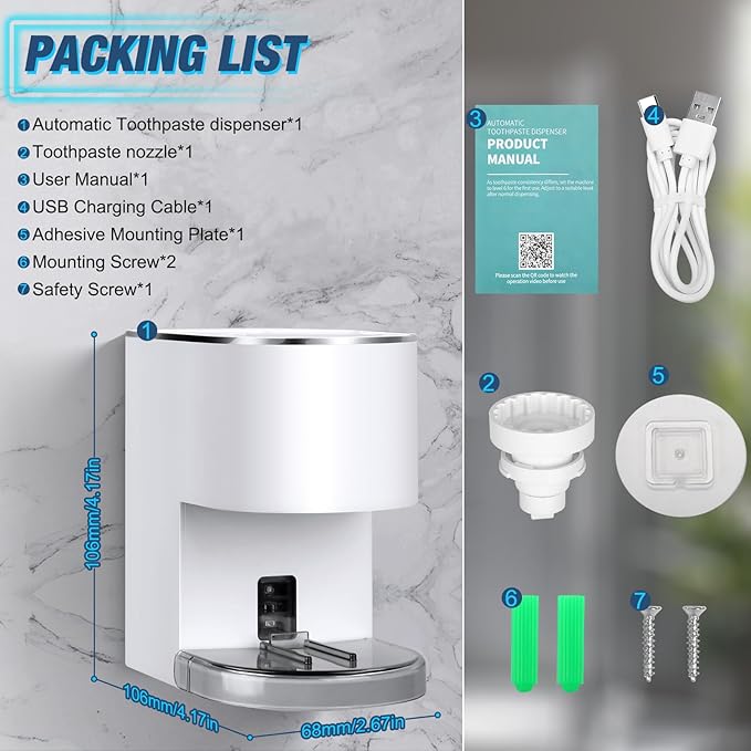 Automatic Toothpaste Dispenser Wall Mounted: White Electric 6 Adjustable Levels Auto Toothpaste Squeezer Smart Rechargeable Touchless for Kids Adults - Bathroom - Replaceable Parts